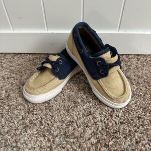 Polo Ralph Lauren Toddler Boat Shoes Loafers Slip On Velcro Tan Navy Size 7.5